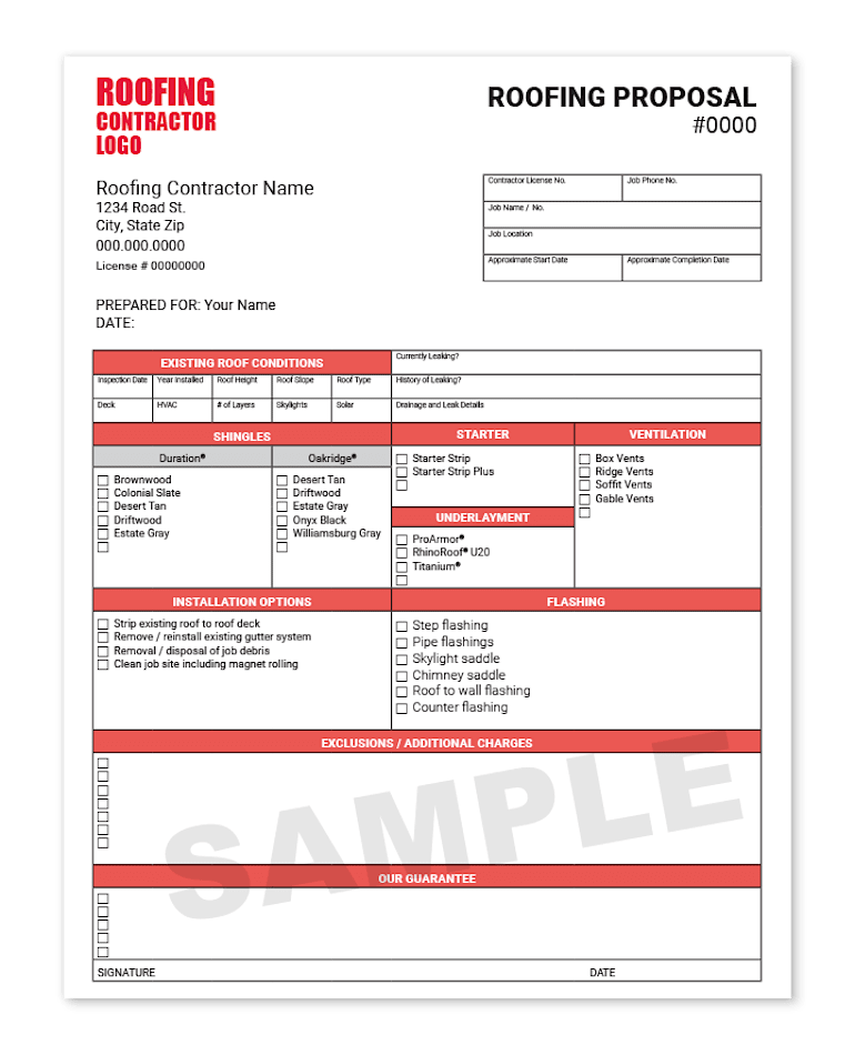 An example of a typical roofing estimate or quote from a contractor