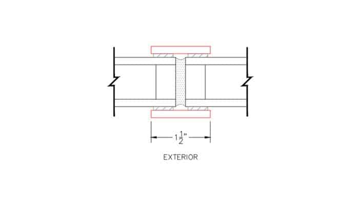 Technical drawing of 1-1/2" seam cap fitting into a butt glazed window.