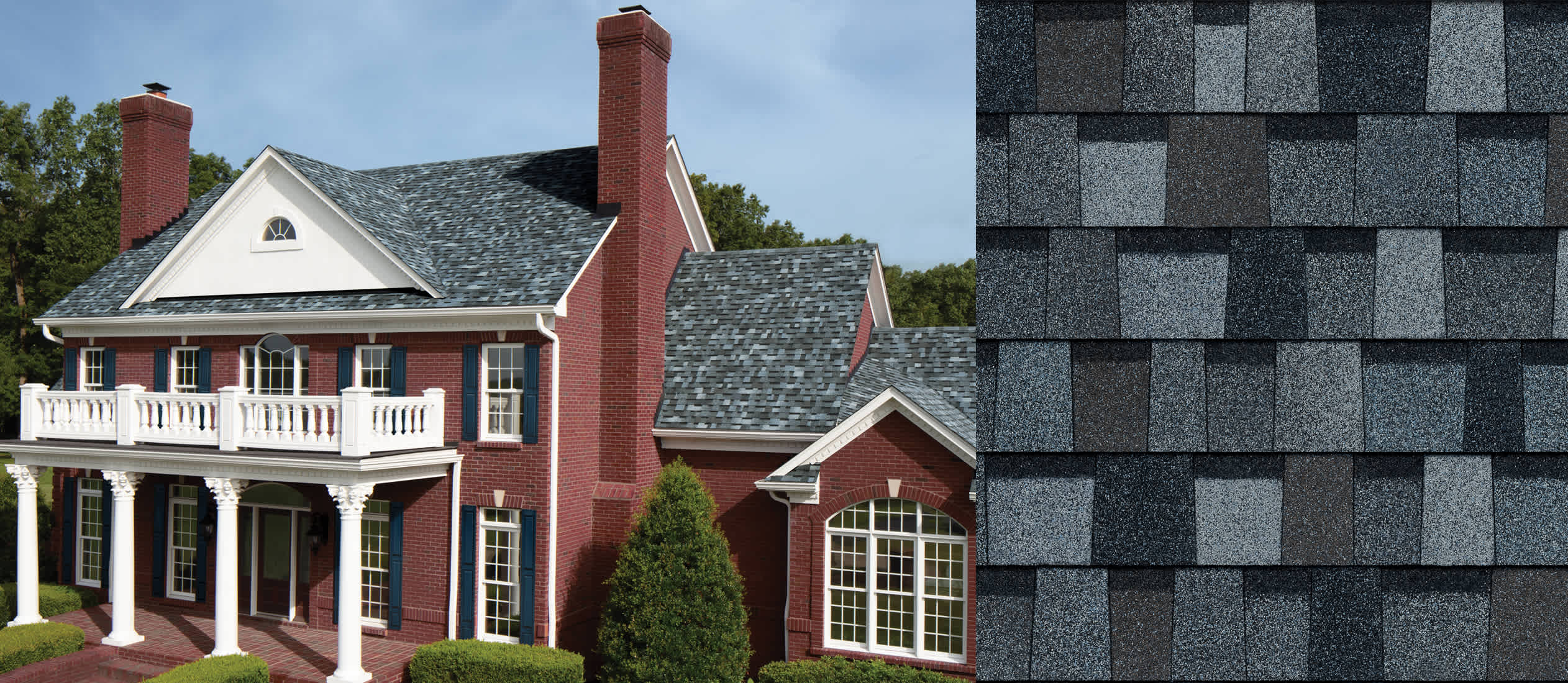 Home with Pacific Wave Duration Designer shingles next to an upclose swatch to show the color variation.