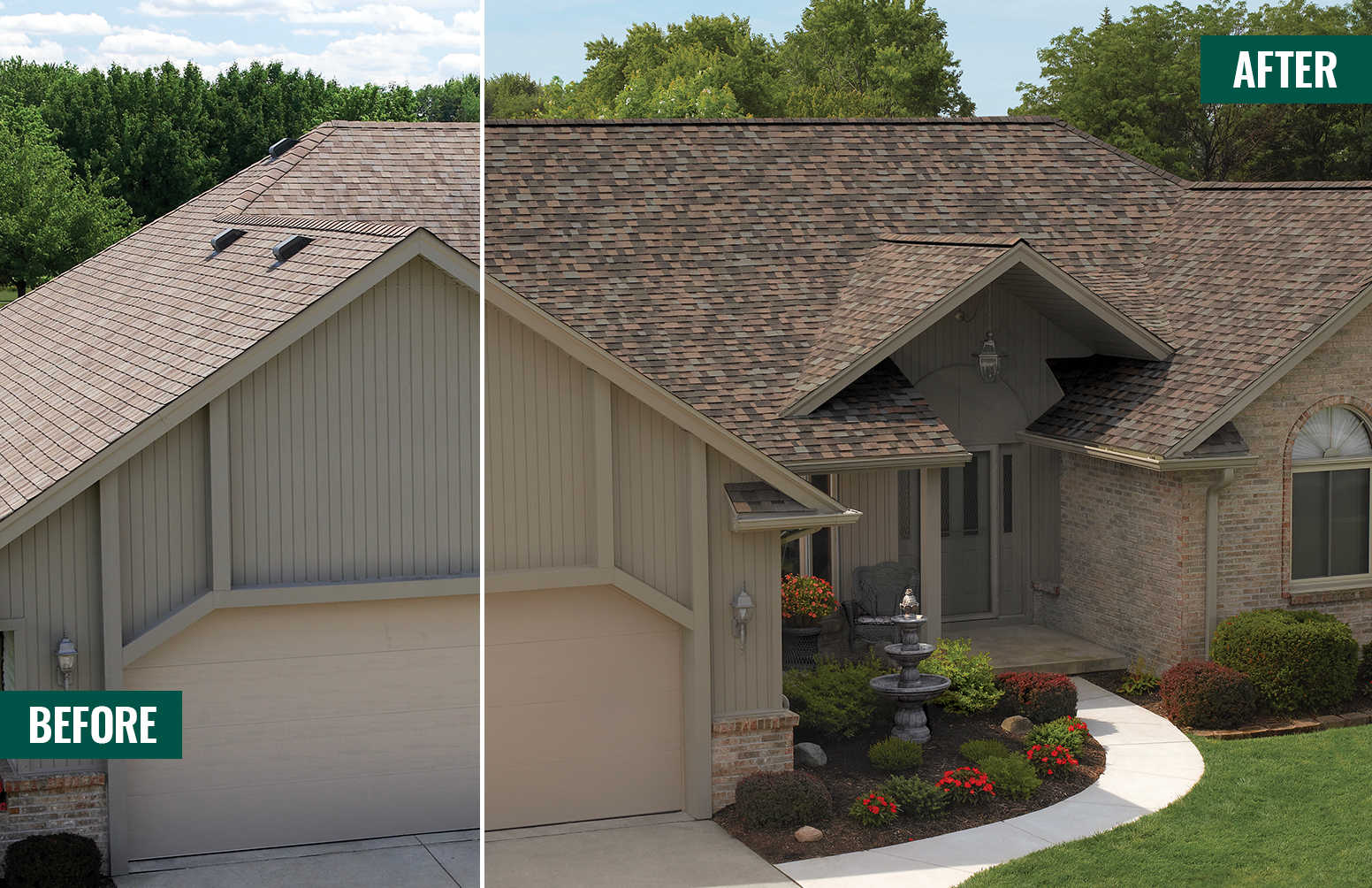 Before and After photos side by side of a tan home with new Aged Copper Duration Designer shingles