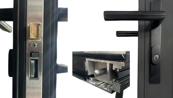 Side view, cross-section, and front-view of 3-point latch system.