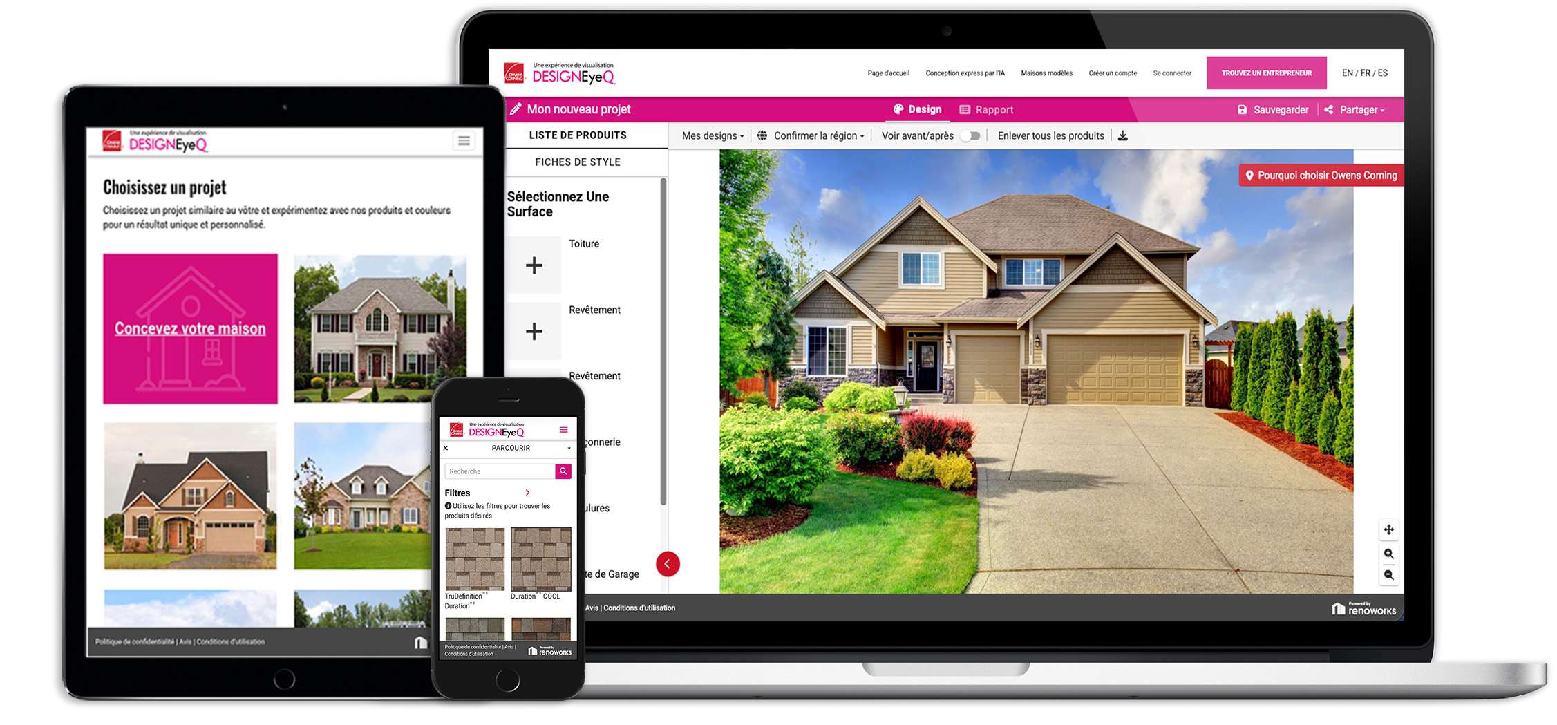 Ordinateur portable, tablette et appareil mobile affichant l'outil de visualisation Design EyeQ d'Owens Corning