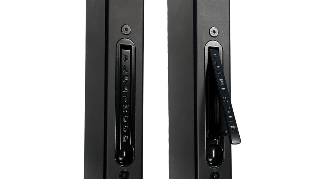 Close up image of black painted edge pulls, with the Fleetwood name on the pull.