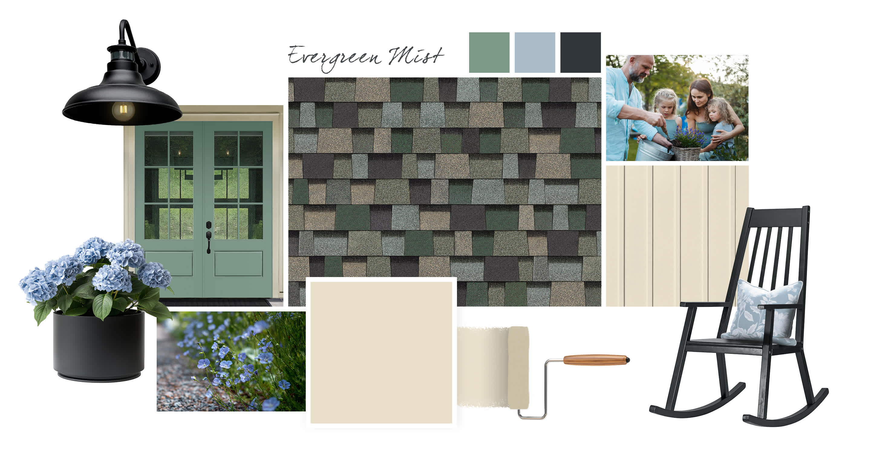 Dress Blues style board featuring Bourbon shingle color and dark blue, grays and browns.
