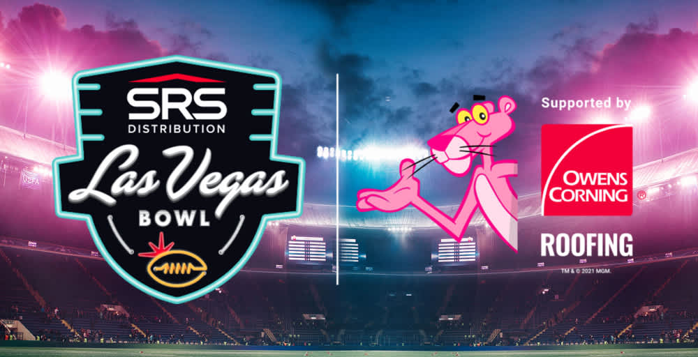 Football stadium photo with the SRS Distribution Las Vegas Bowl logo on the left, and the Owens Corning Roofing logo with the presenting Pink Panther on the right.