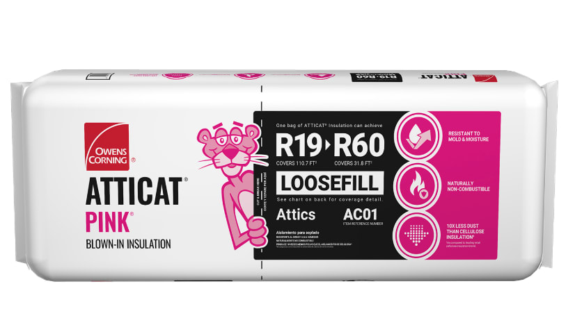 Package of Atticat blown-in insulation with branding and product information visible on the packaging.