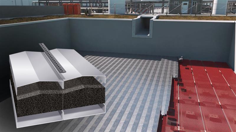 large industrial tank with a cutaway view showing the internal structure, including layers of material and drainage system