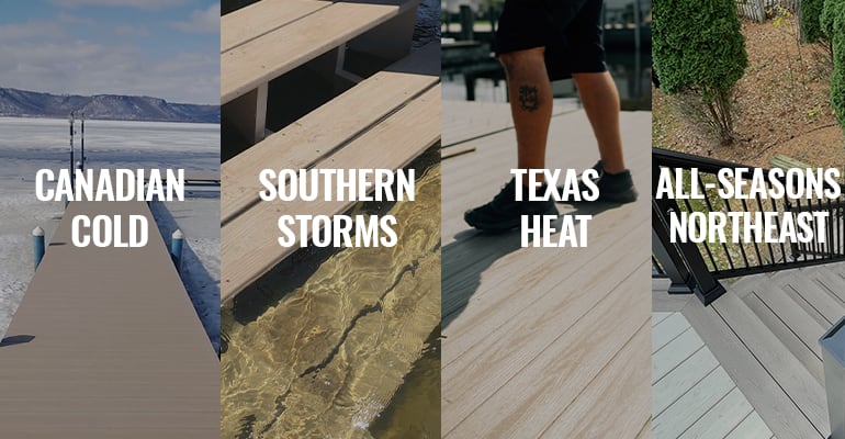 Four images showing decking in different climates labeled Canadian cold, southern storms, Texas heat, and all‑seasons Northeast.