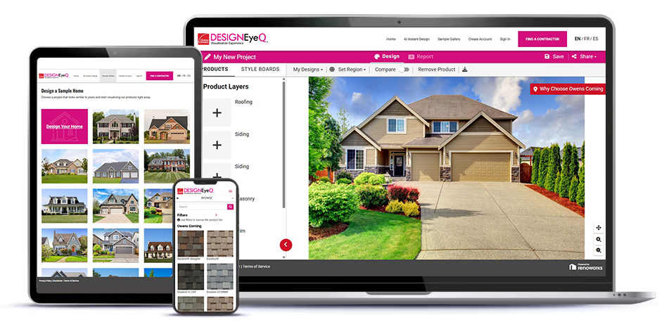 Laptop, tablet, and mobile device displaying the Owens Corning Design EyeQ Visualization tool
