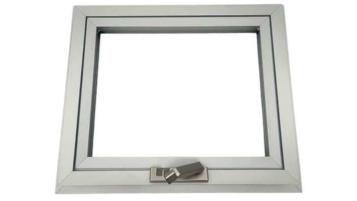 Square stainless steel window with a turn crank handle.
