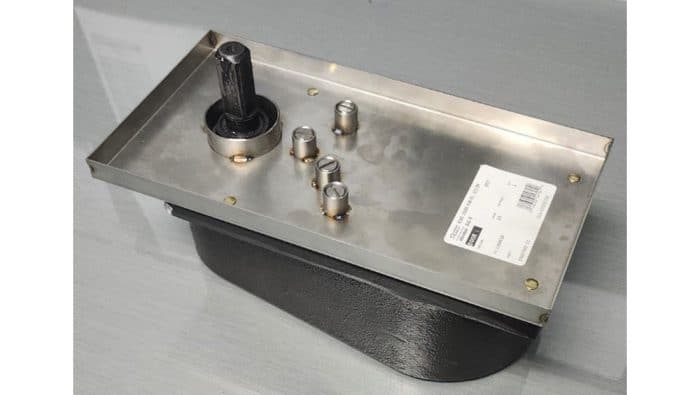 Image of Rixson terrazzo pan and parts with label.