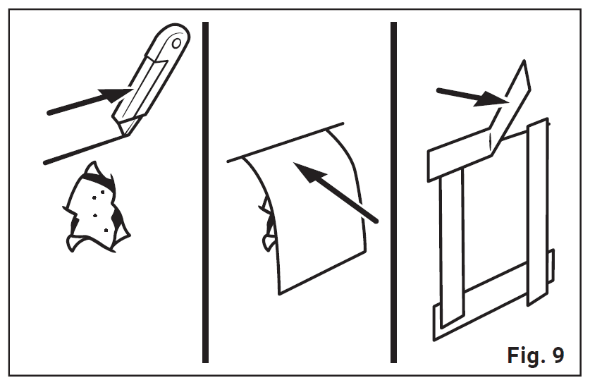 Diagram showing the cutting of the weather resistant barrier product two inches above the hole, and new patch of product is applied and tape using flashing tape.