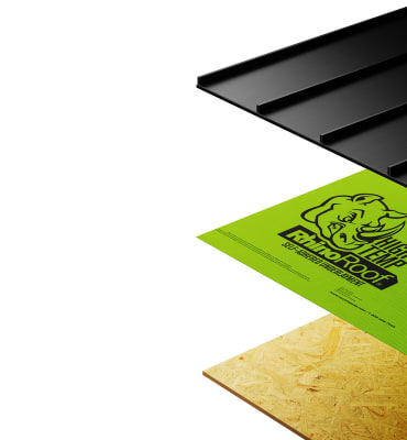 Three roof system layers with metal roofing, RhinoRoof® High-Temp underlayment, and roof deck.
