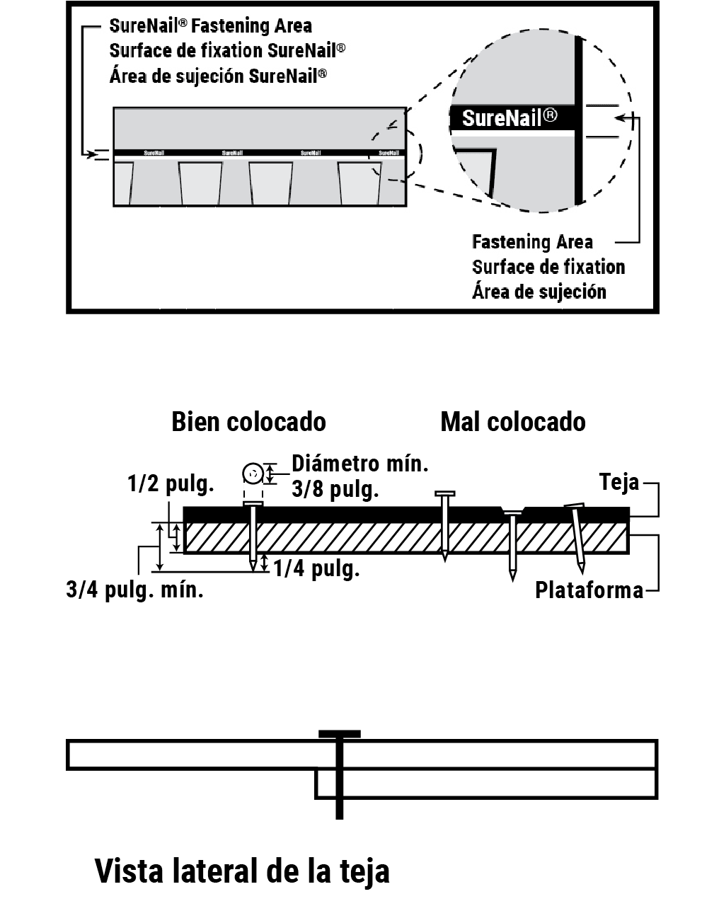 Diagrama del área de sujeción de SureNail, junto con un diagrama de sujetadores colocados correctamente frente a sujetadores colocados incorrectamente, así como un diagrama de la vista lateral de la teja