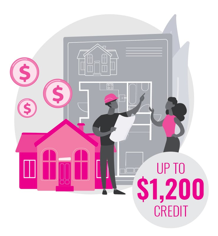 Illustration of homeowner and contractor discussing retrofit of $1200 credit rebate.