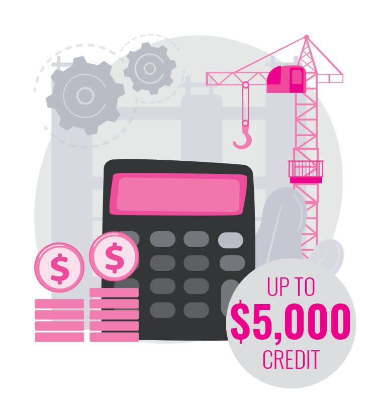 Illustration of various construction tools to indicate the $5000 credit for new residential construction.