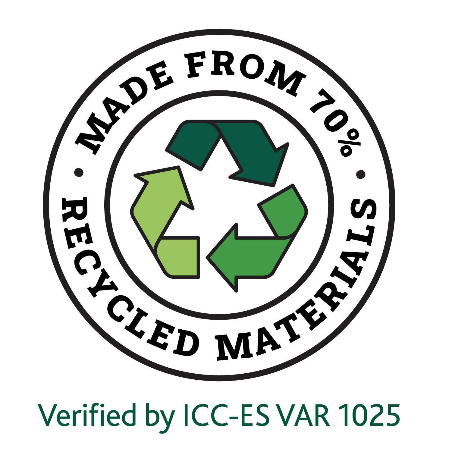 image with recycling symbol and text that reads made from 70% recycled materials