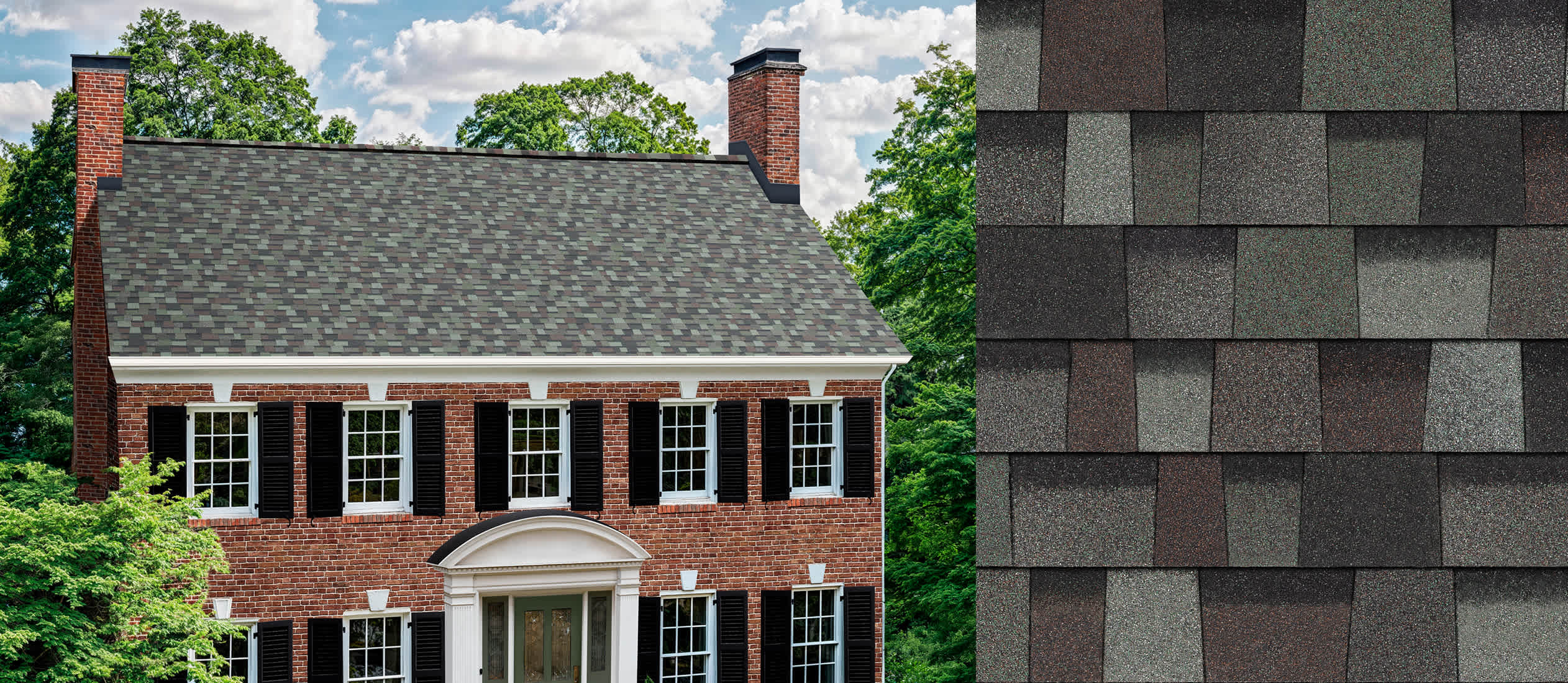 Home with Mountain Pine Duration Designer shingles next to an upclose swatch to show the color variation.