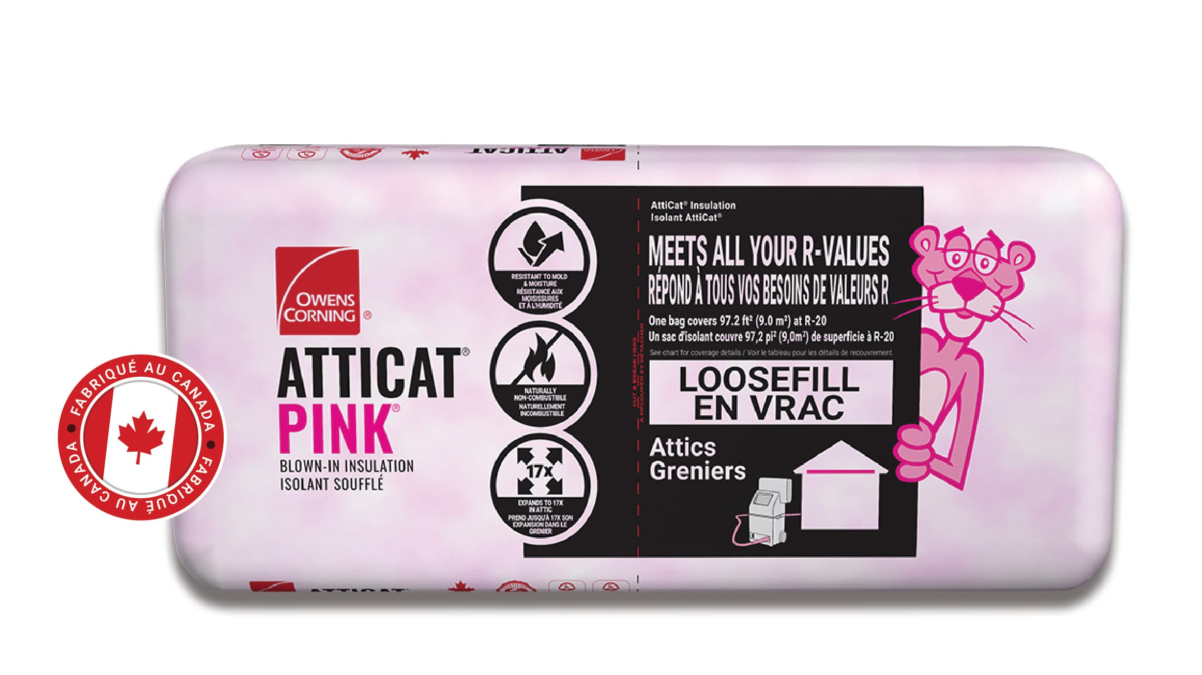 l'emballage d'isolant en vrac Atticat🅫 Rose, fabriqué au Canada