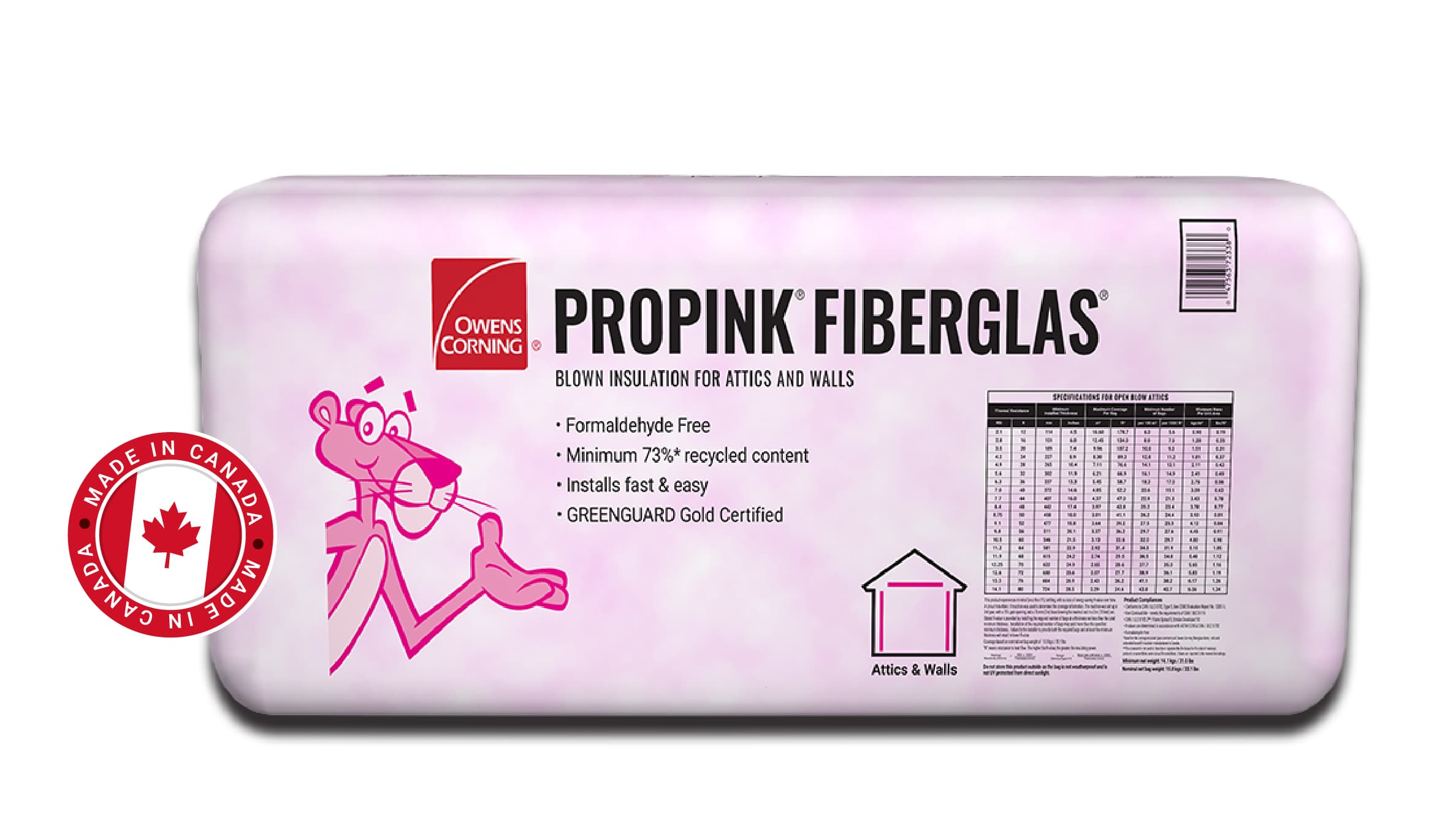 PROPINK® FIBERGLAS® Blown Loosefill Insulation package, Made in Canada seal.