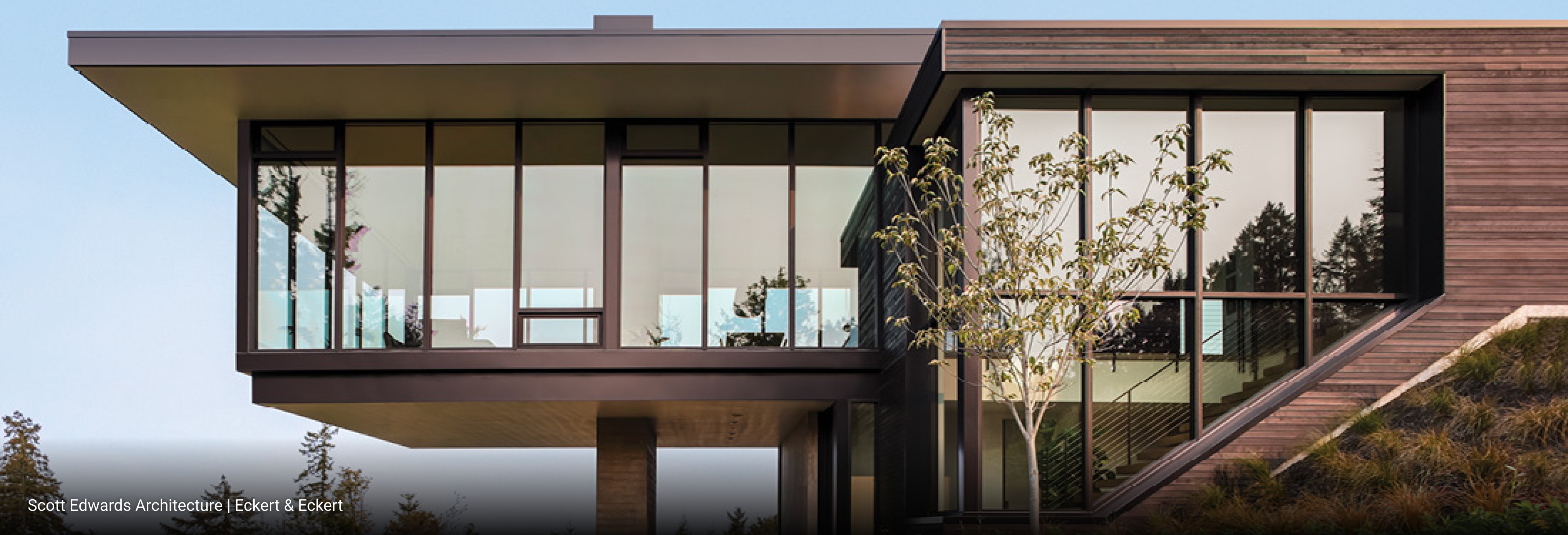 Contemporary hillside home with cantilevered upper level, flat roof design, floor-to-ceiling glass windows, and horizontal wood siding surrounded by landscaped greenery.