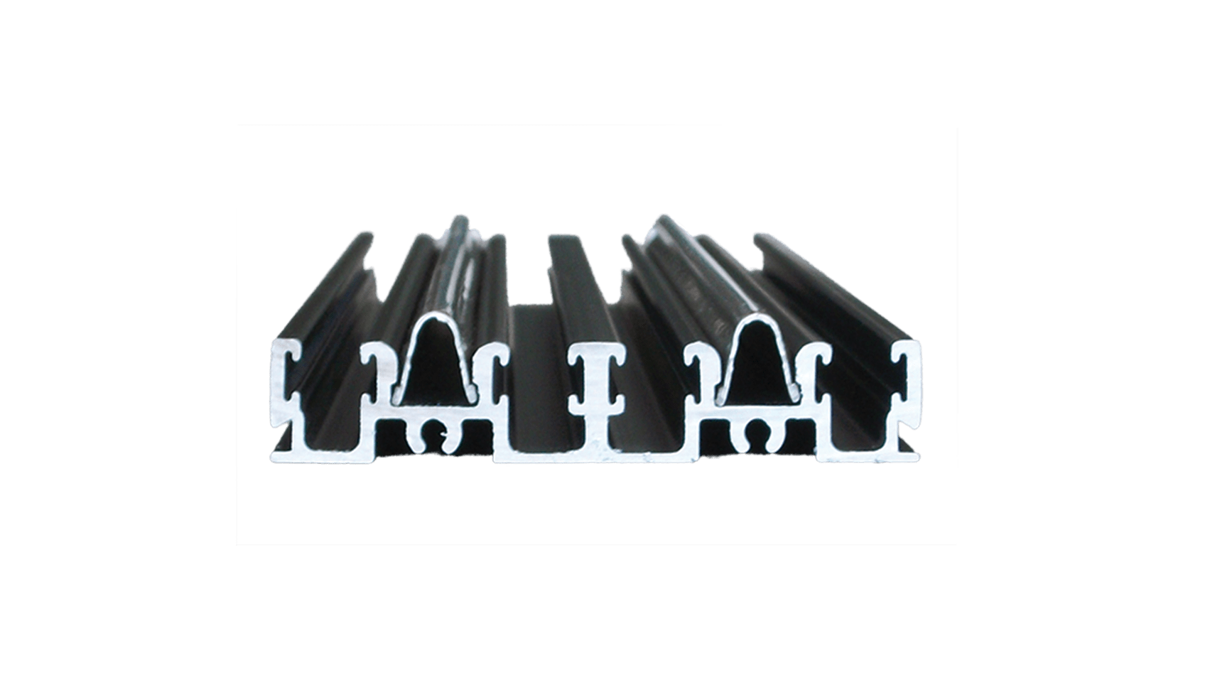 Cross section of an extruded stainless steel sliding door track.