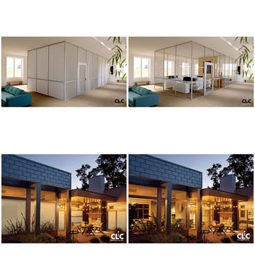 Before and after views of a living space with first opaque glass, then clear glass.  Also showing the difference of opaque glass versus clear glass on an exterior view.