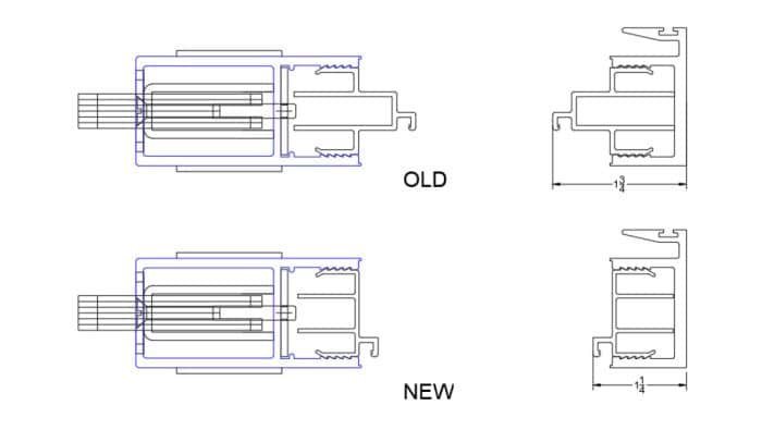 Technical overhead and cross-section drawings, comparing the old and new designs for the 3-series multi-slide door screen improvement.