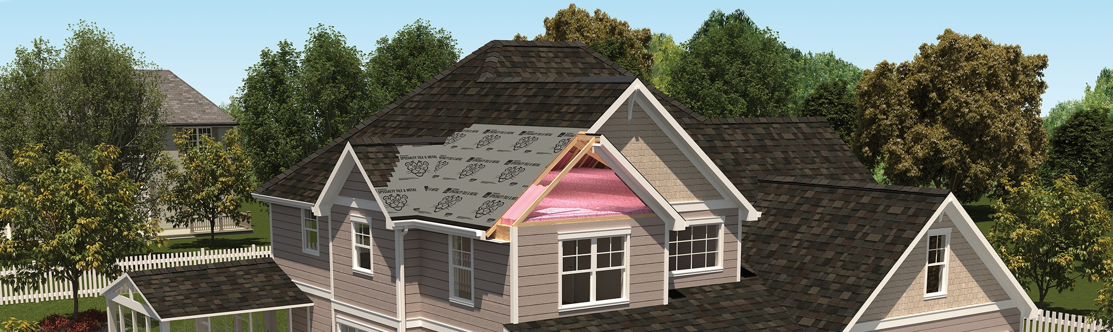 Roof image with layers of the roof cut away to show the products underneath the shingles