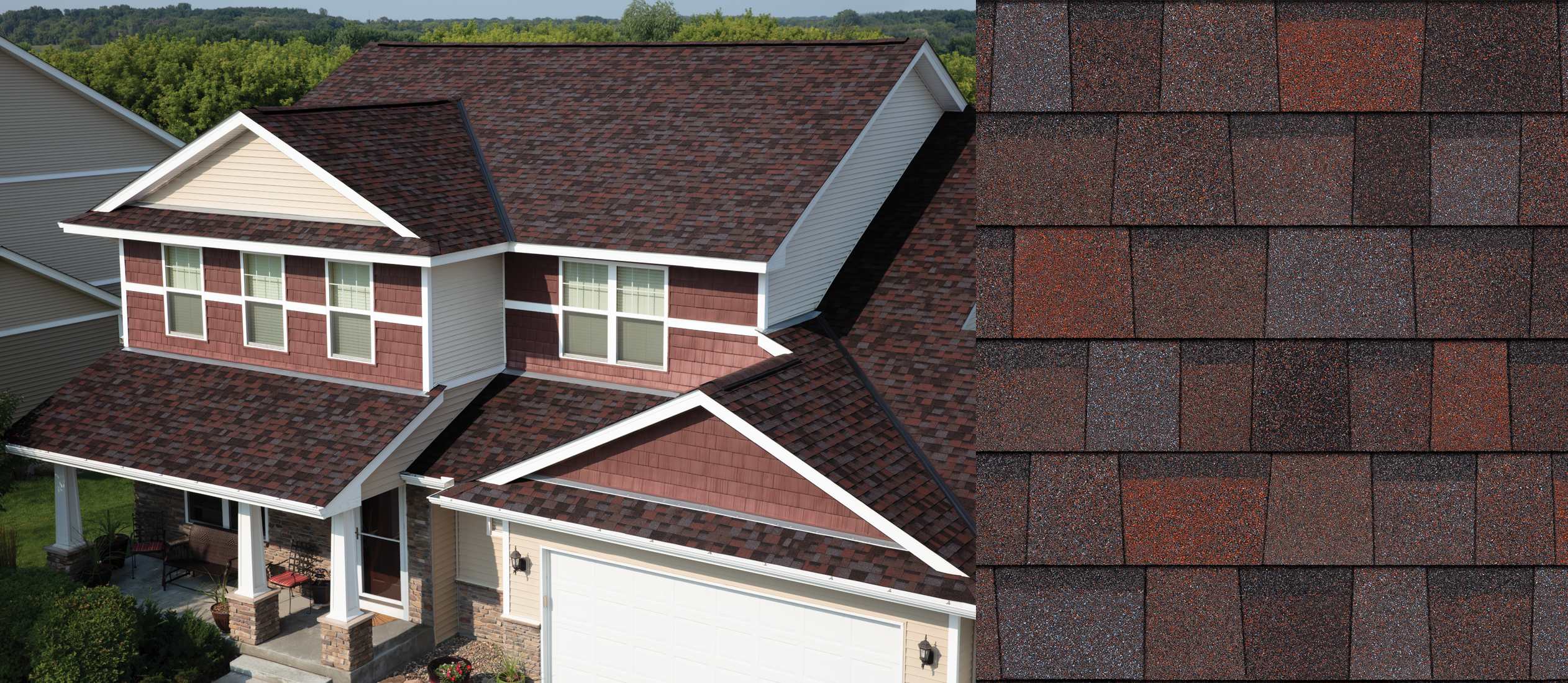 Home with Merlot Duration Designer shingles next to an upclose swatch to show the color variation.