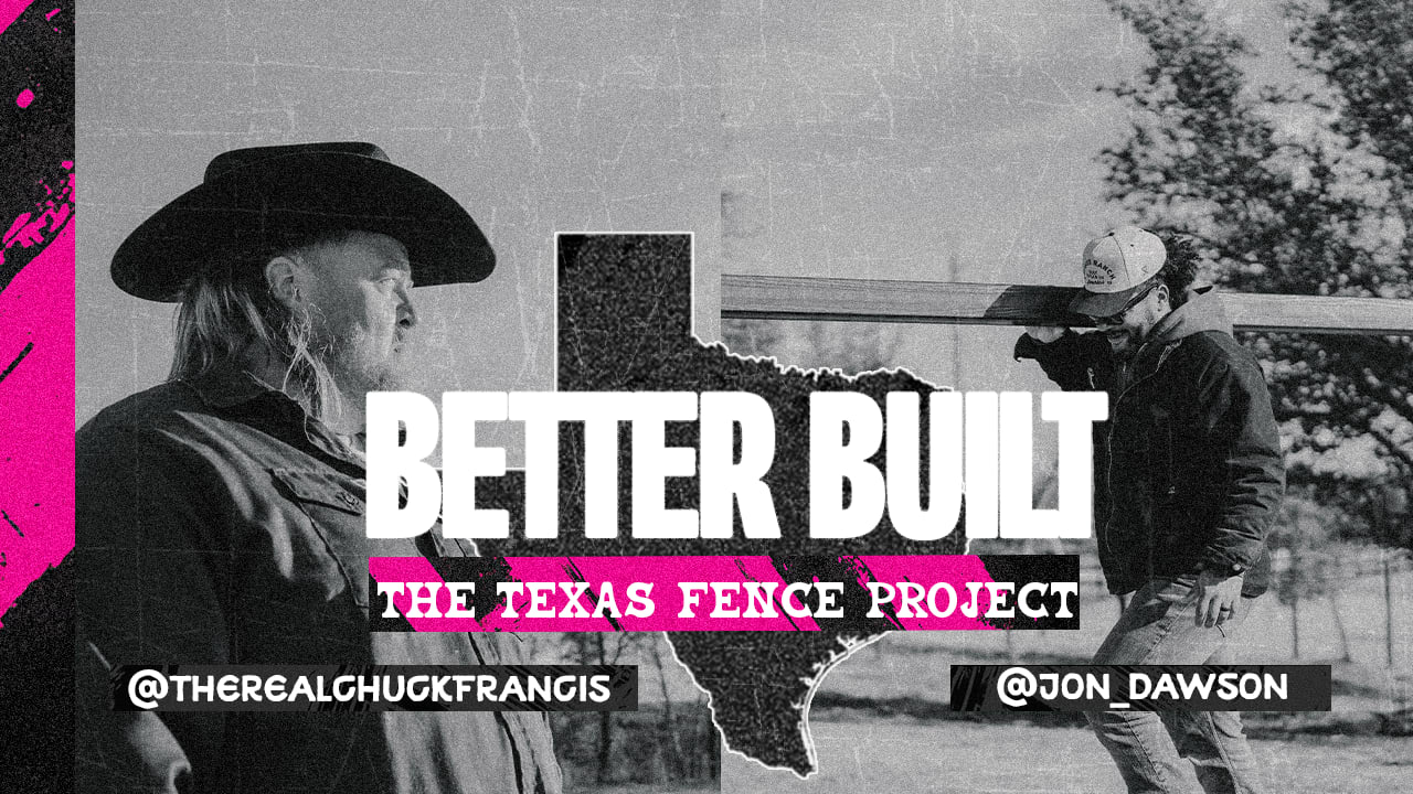 Graphic showing two people building a fence with text reading ‘Better Built: The Texas Fence Project’ over a Texas‑shaped background.