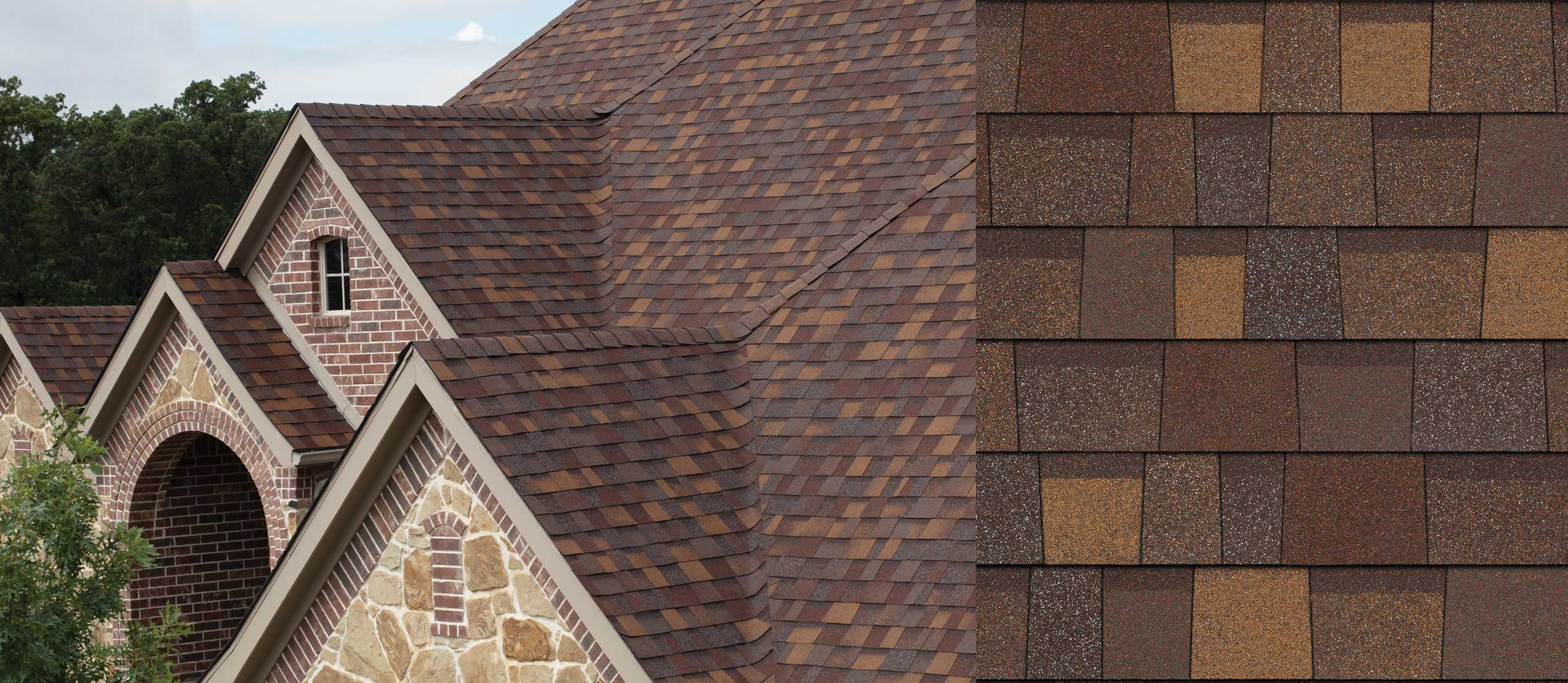 Home with Sedona Canyon Duration Designer shingles next to an upclose swatch to show the color variation.