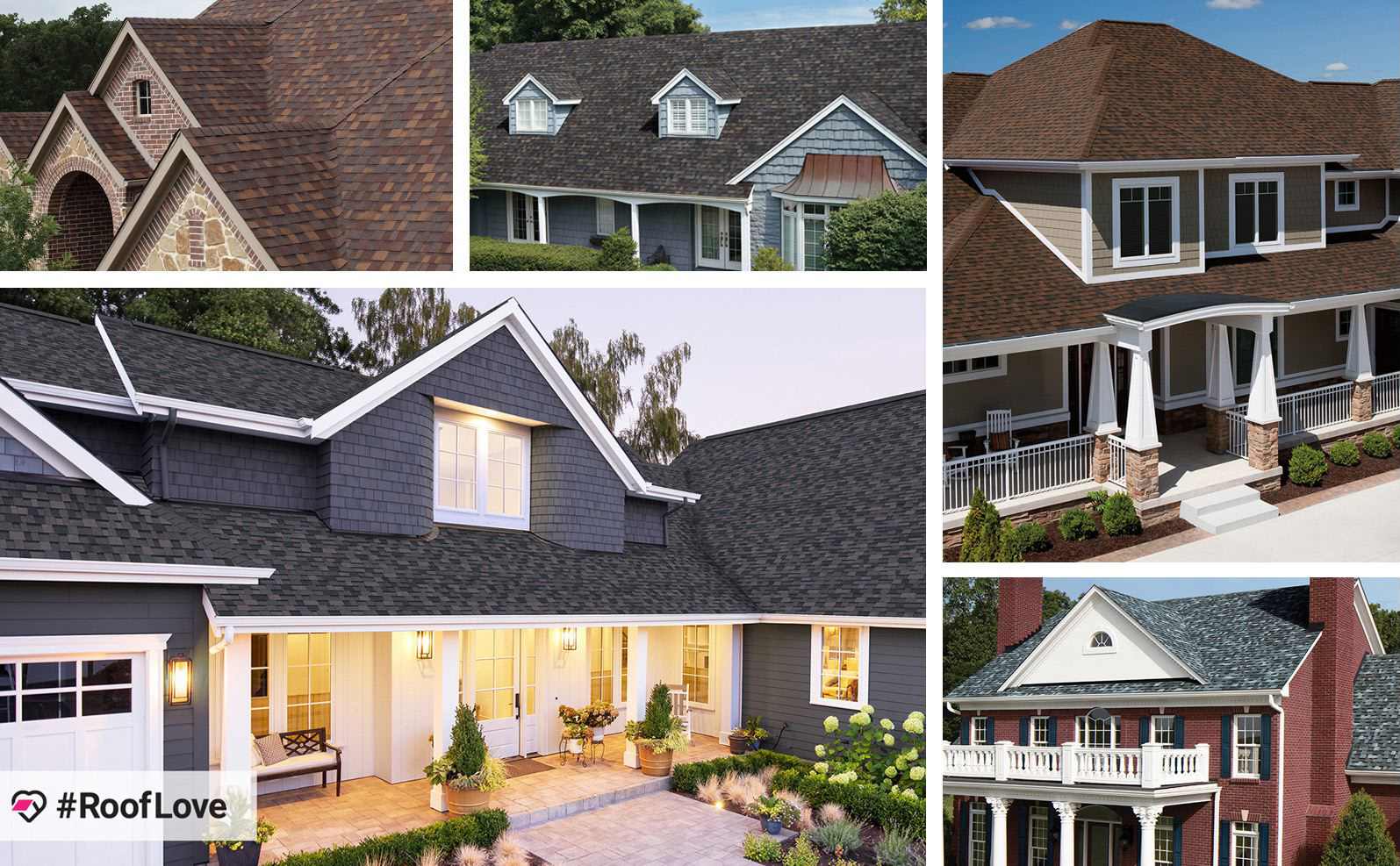 A composite image of 5 houses with Owens Corning roofs and "#RoofLove."