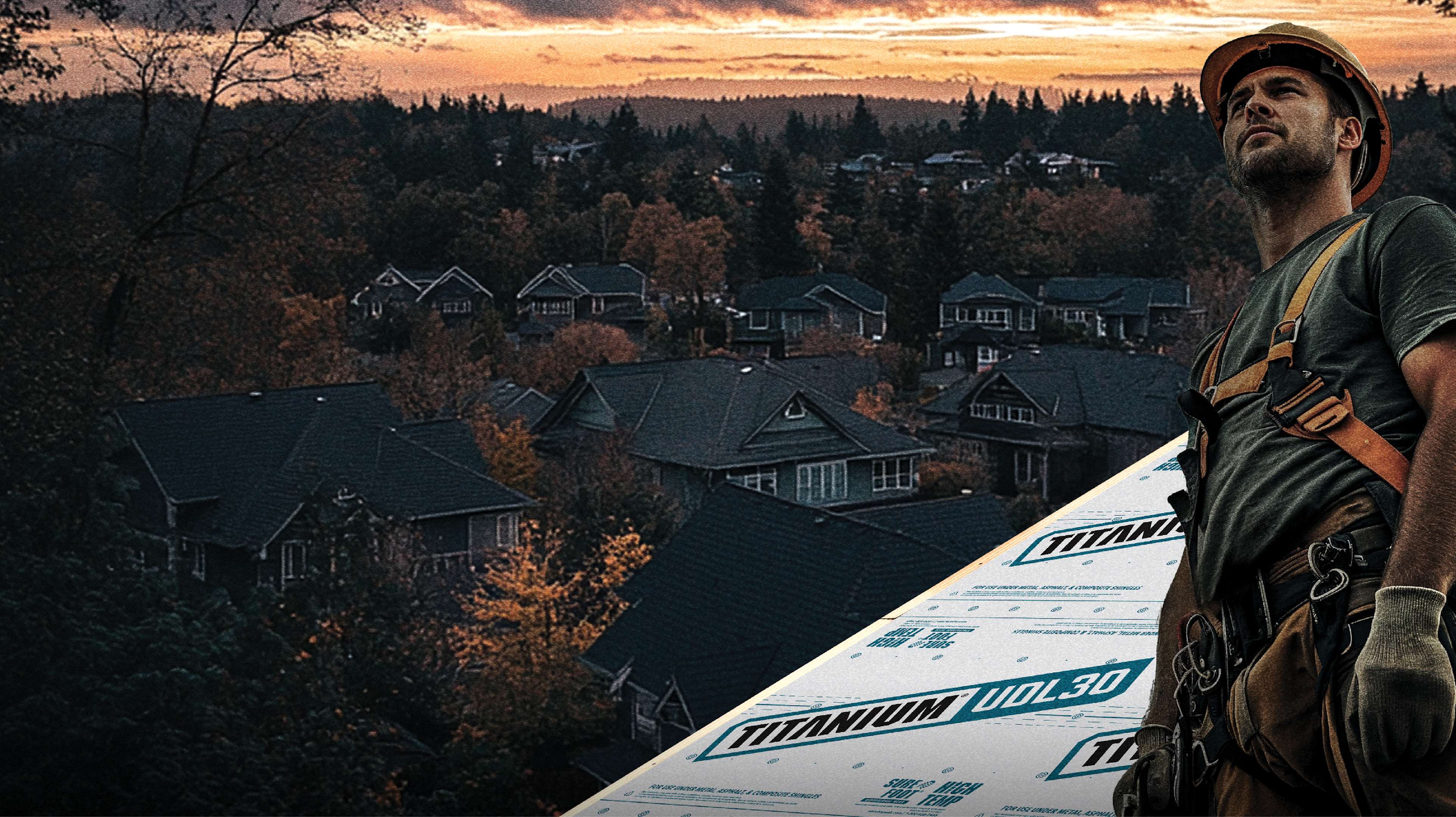 image of Roofer in front of Titanium® UDL30 Synthetic Roofing Underlayment