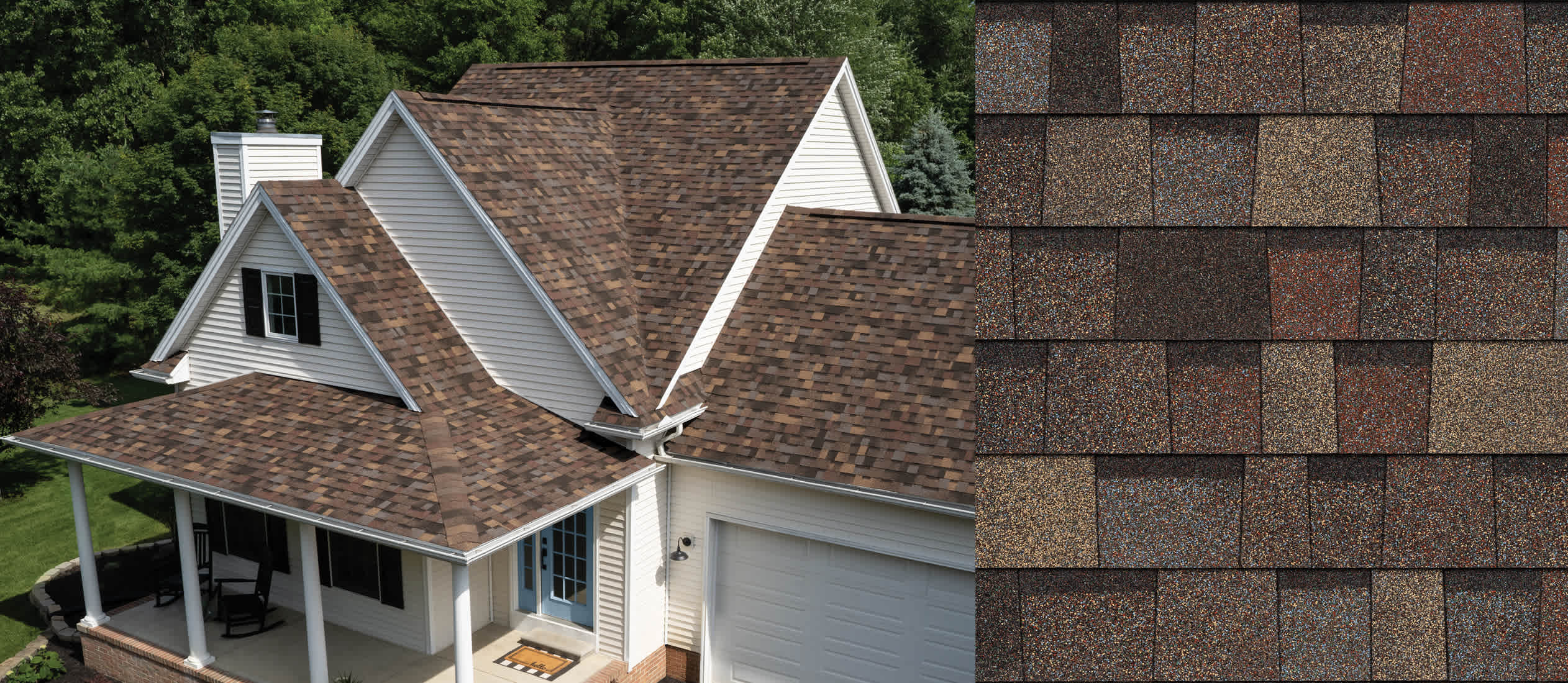 Home with Summer Harvest Duration Designer shingles next to an upclose swatch to show the color variation.