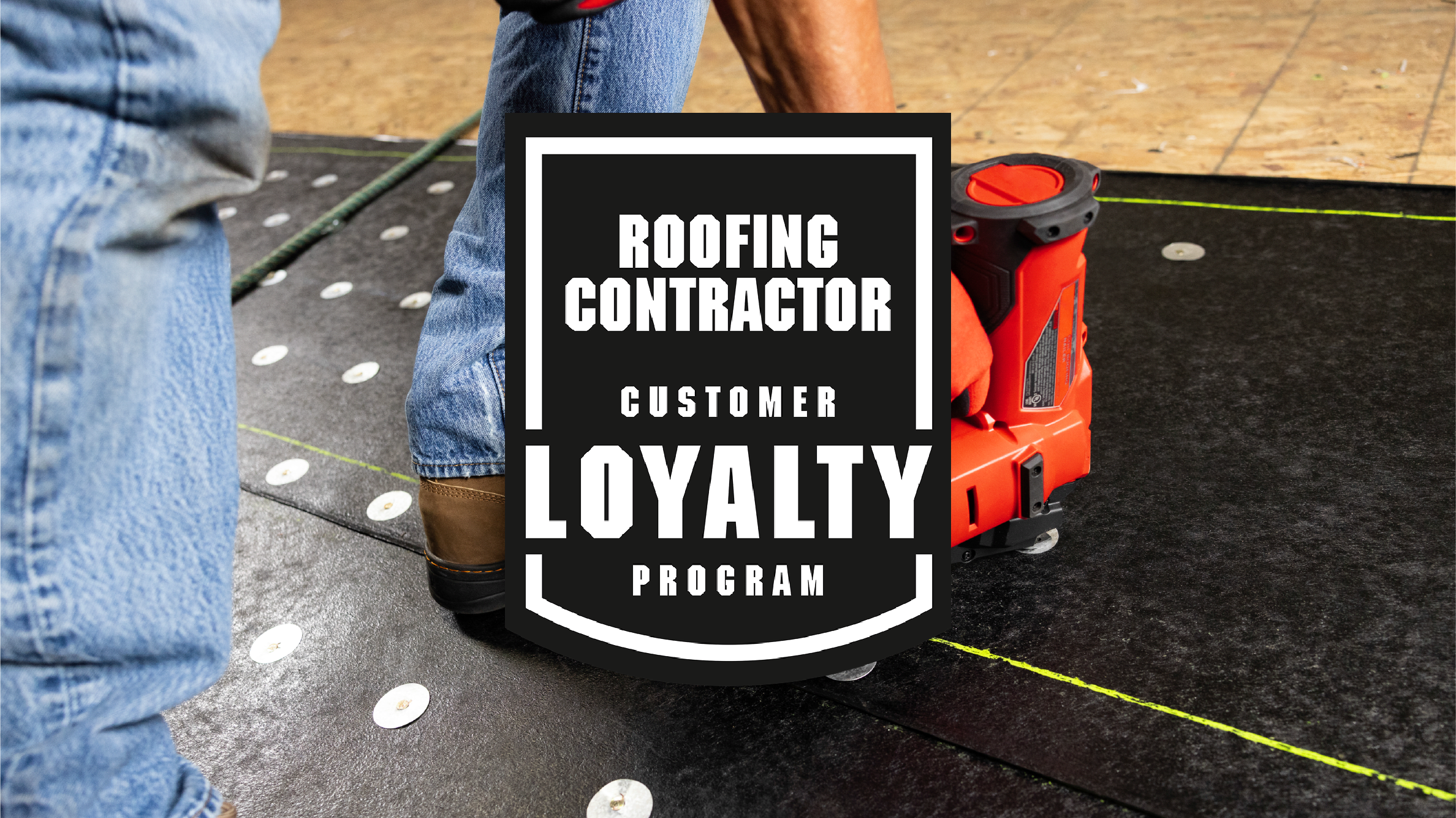 Customer Loyalty Program logo over an installation image of a oontractor fastening the RhinoRoof Anchor Sheet product to a roof deck.