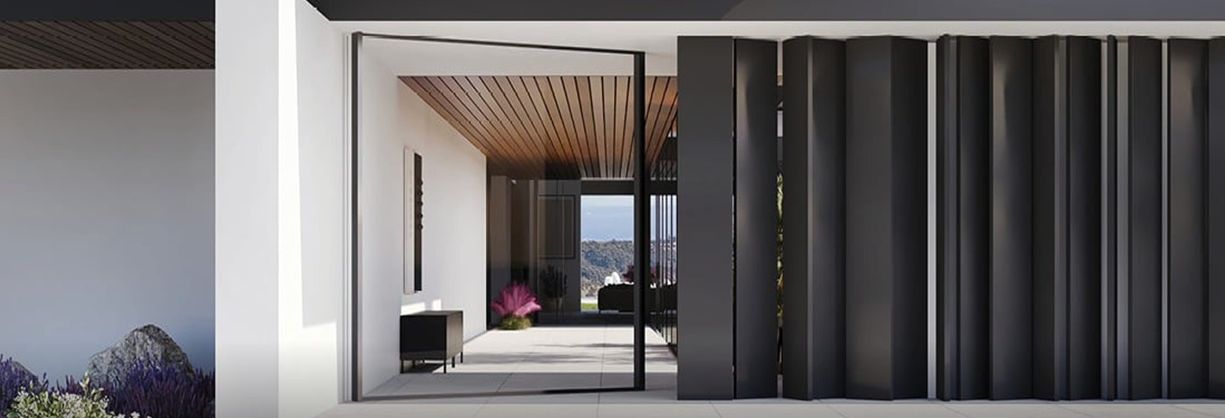 Contemporary home entrance with minimalist design, black vertical panels, white walls, and glass door leading to an interior with wood ceiling accents.