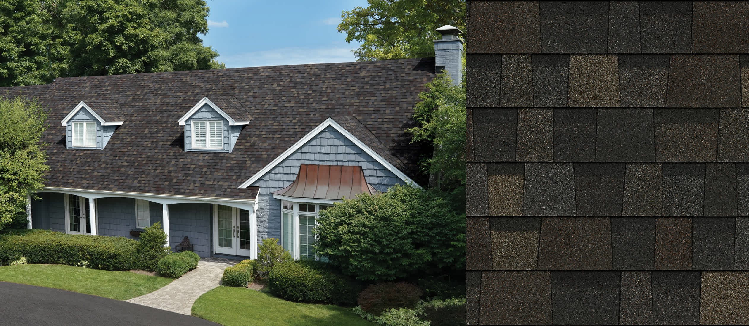 Home with Black Sable Duration Designer shingles next to an upclose swatch to show the color variation.
