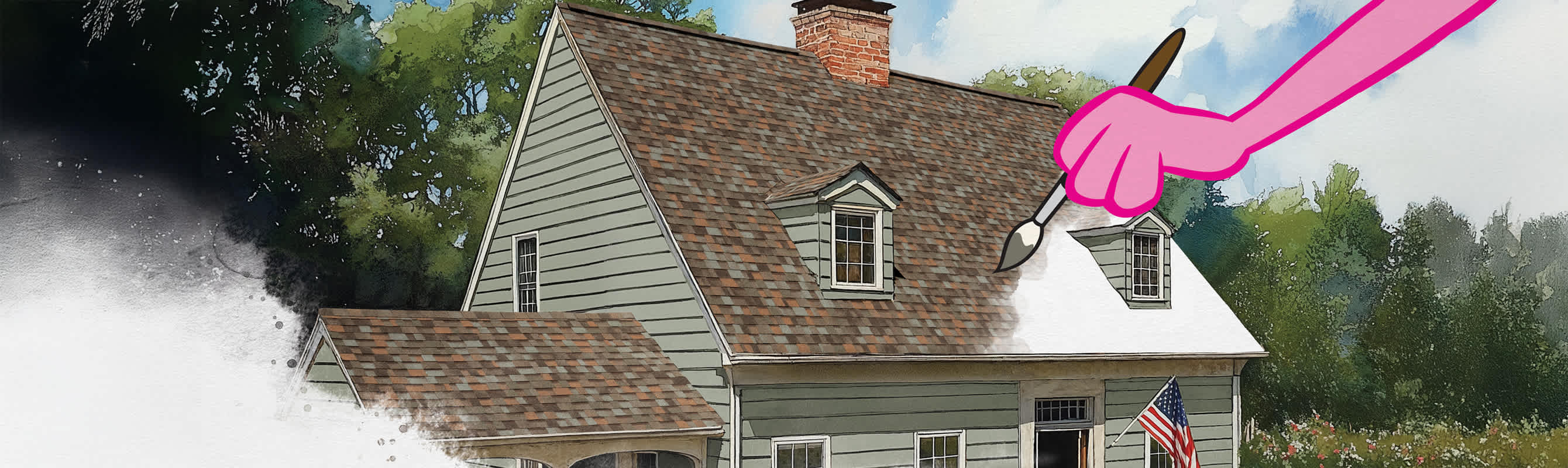 Pink Panther hand holding a paint brush against a watercolor artistic house scene featuring Owens Corning Duration Designer shingles in Aged Copper.