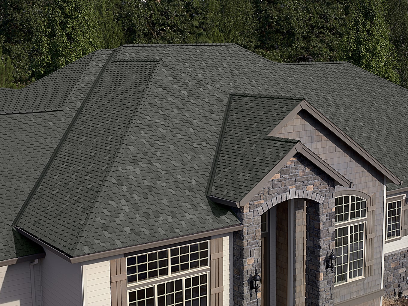 Granite Woodcrest shingles on a steep slope roof.