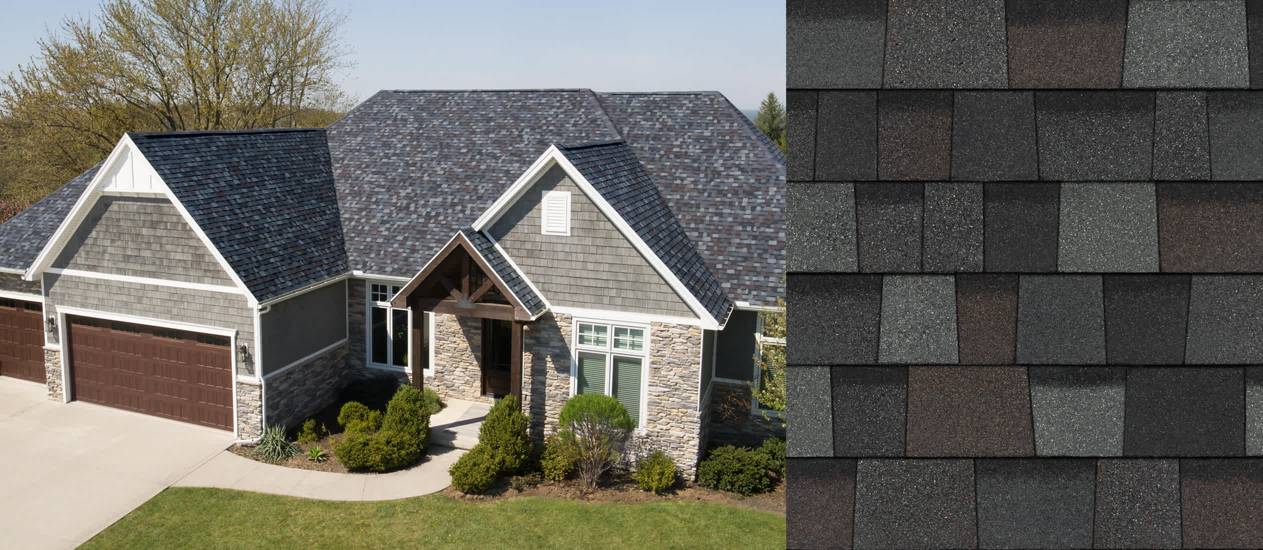 Home with Gray Tweed Duration Designer shingles next to an upclose swatch to show the color variation.