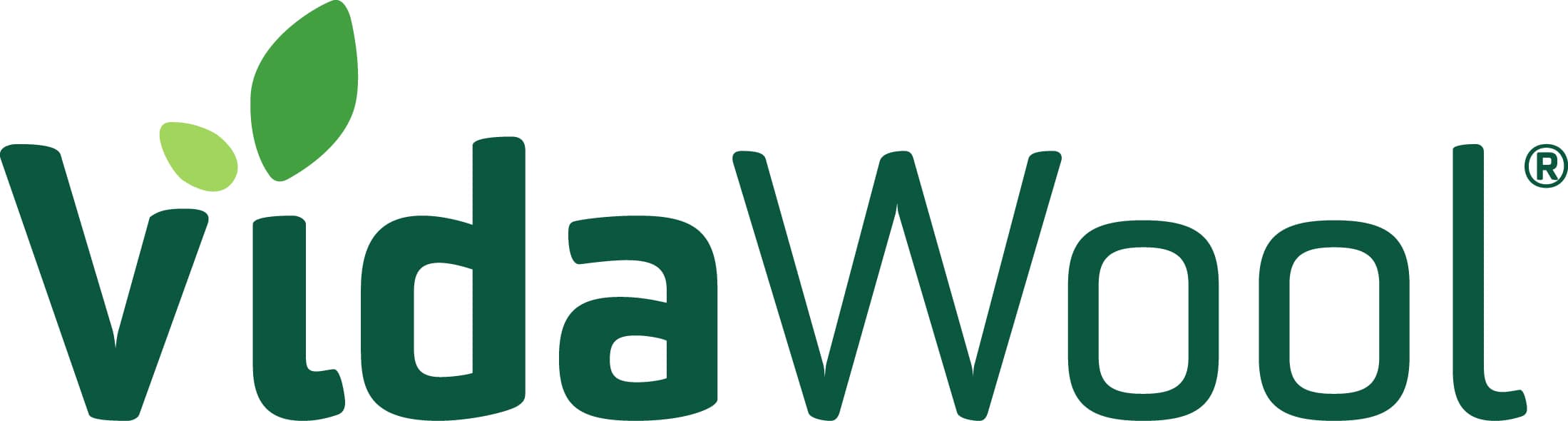 The image shows the logo of VidaWool. The word 'VidaWool' is written in dark green letters with a stylized leaf design above the letter 'i'. The leaf design consists of two leaves, one larger and darker green, and one smaller and lighter green. There is a registered trademark symbol (®) at the top right corner of the logo.