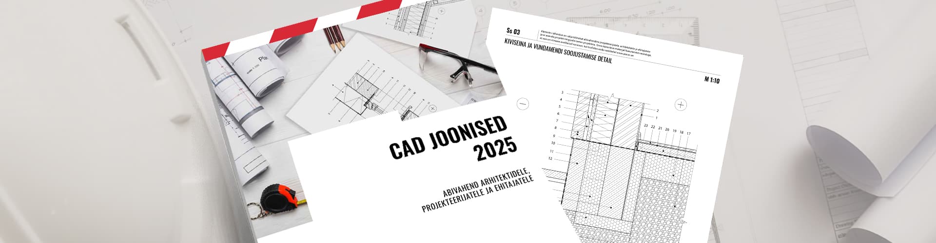 Kataloog „CAD Joonised 2025“ ja üks joonis kataloogist jooniste taustal