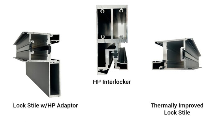 Cross section images of a Lock Stile w/ HP Adaptor, HP Interlocker, and Thermally Improved Lock Stile.