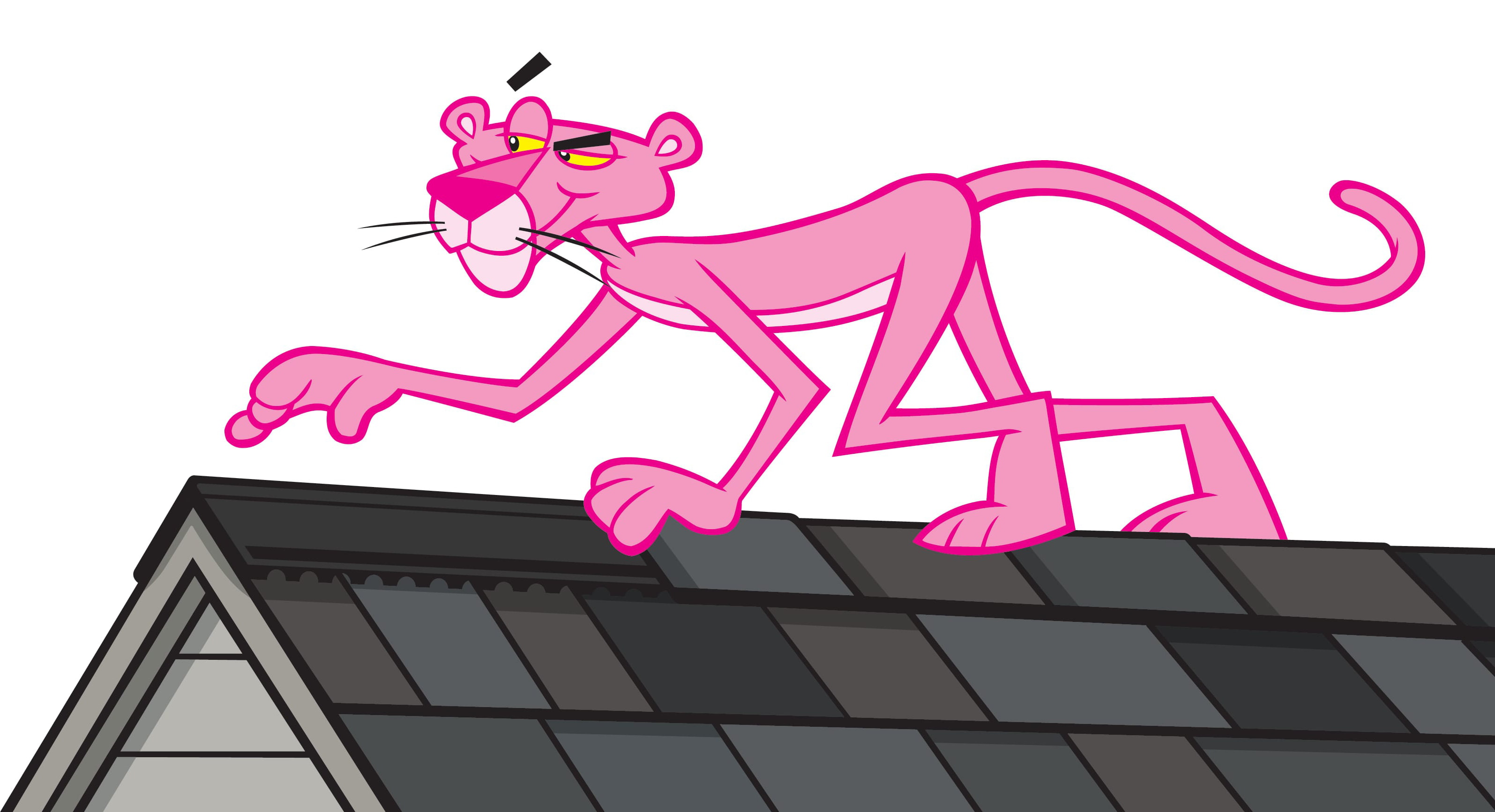 Pink Panther prowling across the roof ridge that is cut away to show the Ridge Prowler 30 Rolled Ridge Vent installed.