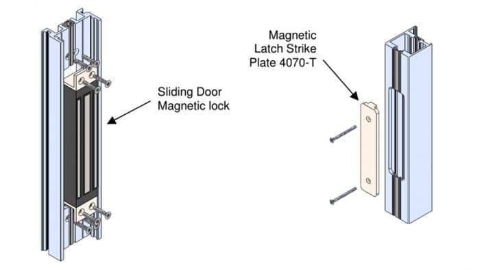 Technical drawing of series 4070-T magnetic lock.  Text on image is "Sliding Door Magnetic lock" and "Magnetic Latch Strike Plate 4070-T."