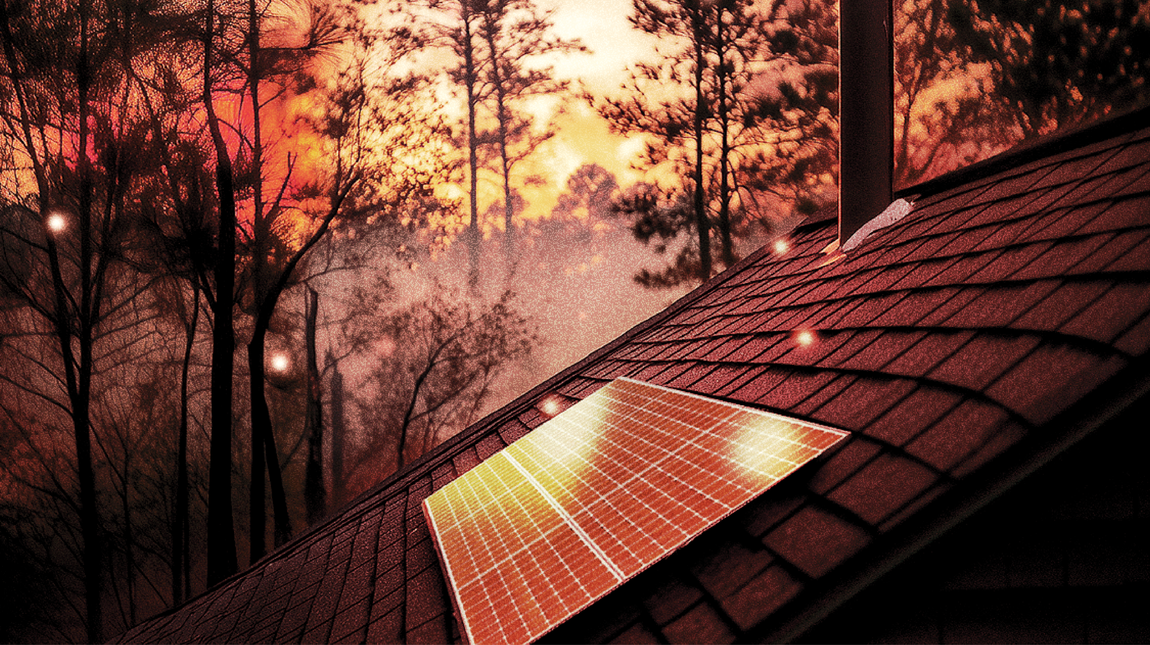 Up close image of roof with solar panel with a wildfire in the background.