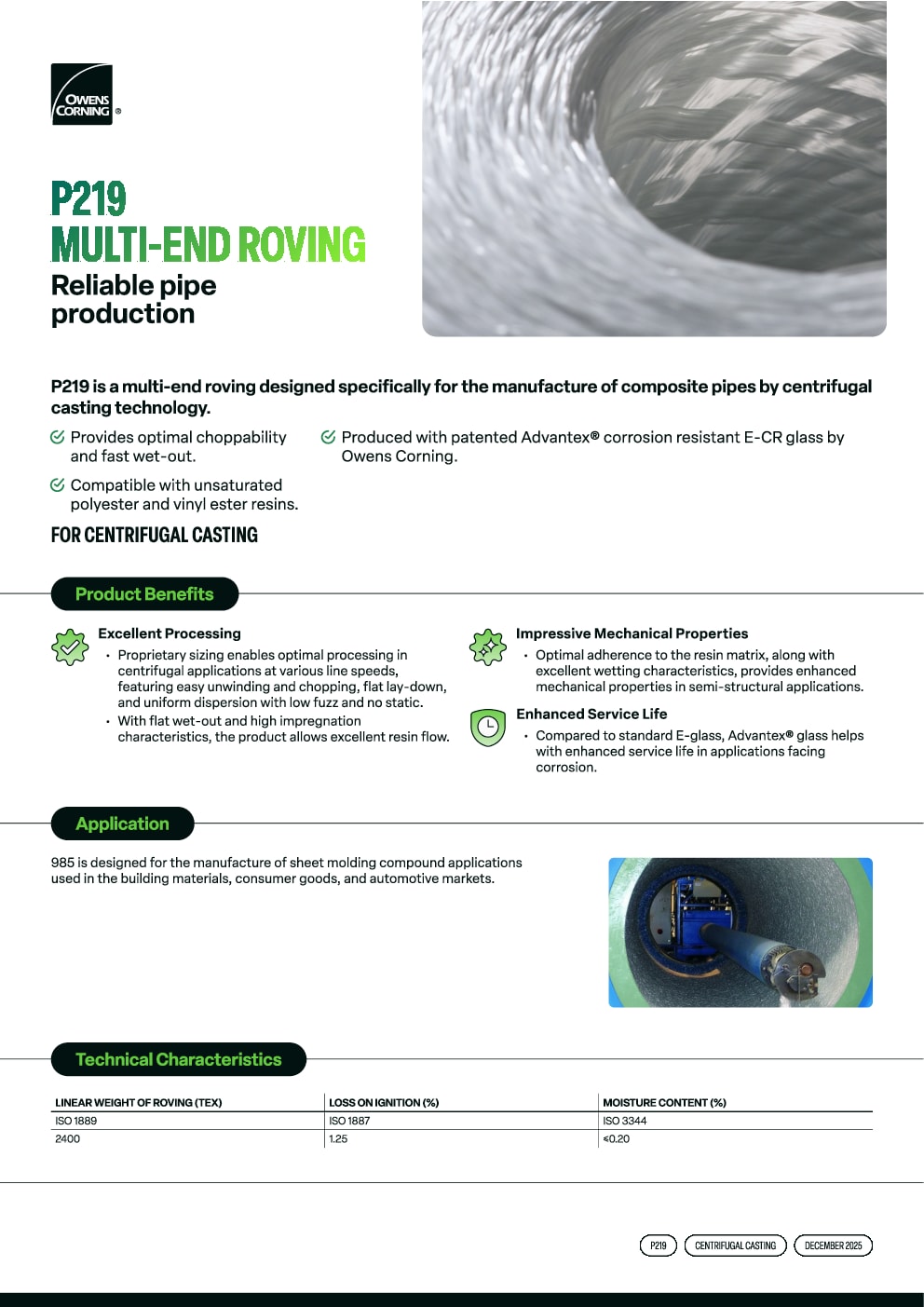 P219 Roving for Centrifugal Casting Data Sheet