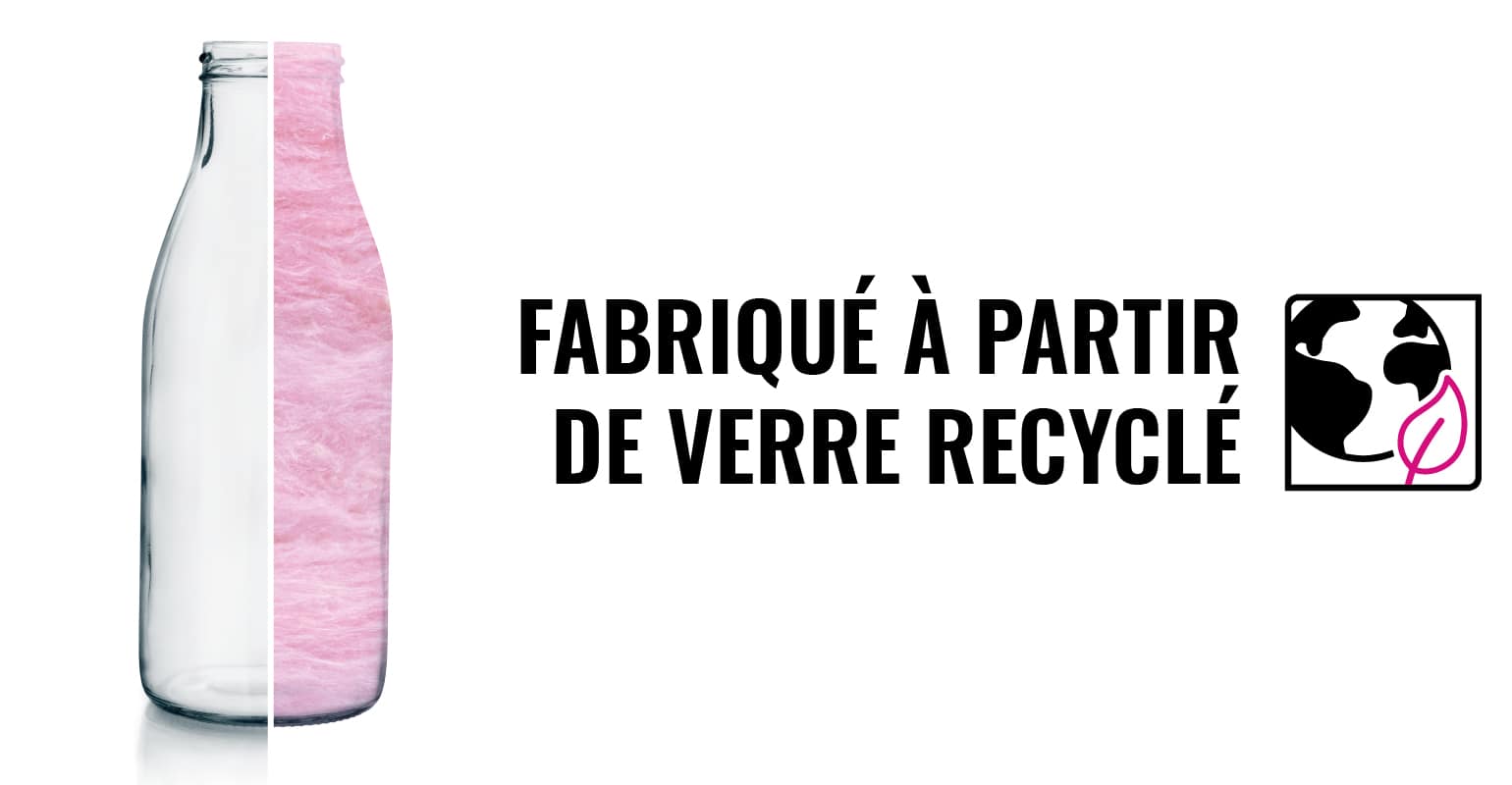 A glass bottle that is half glass and half PINK Next Gen™ Fiberglas™ and a icon of the earth with a pink leaf that says Made with Recycled Glass.