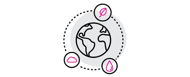 Earth illustration surrounded by icons of a leaf, cloud and a water droplet.